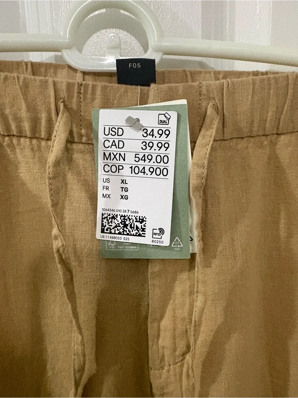 NWT H&M Linen Blend Pull On Pants XL Tan Drawstring Casual Coastal
